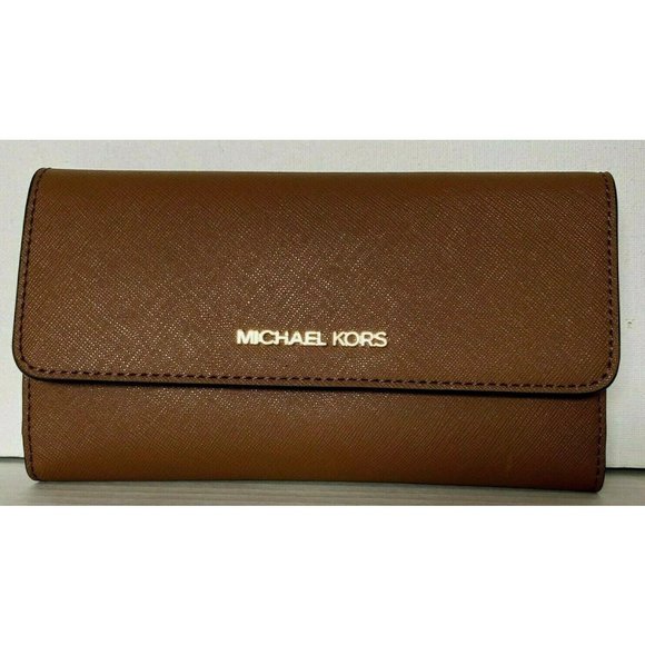 New Michael Kors Jet Set Travel Large Trifold Wallet Leather Luggage